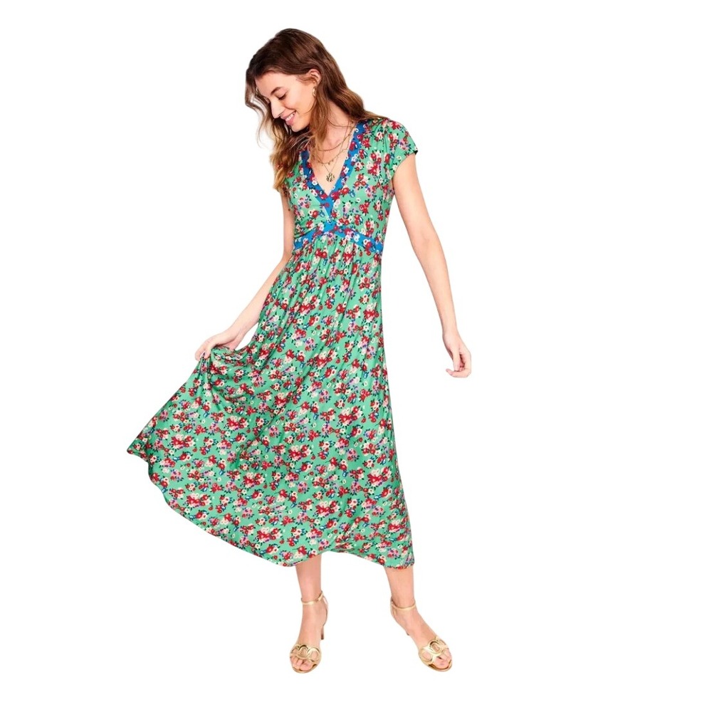 Boden Green Floral Bias Cut Midi Dress Empire Waist US 8P V-Neck Short Sleeve
